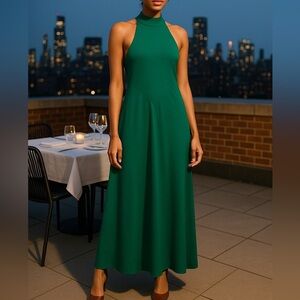 Holiday Green Maxi Dress XL Halter Neck Elegant Sleeveless Flowy Chic